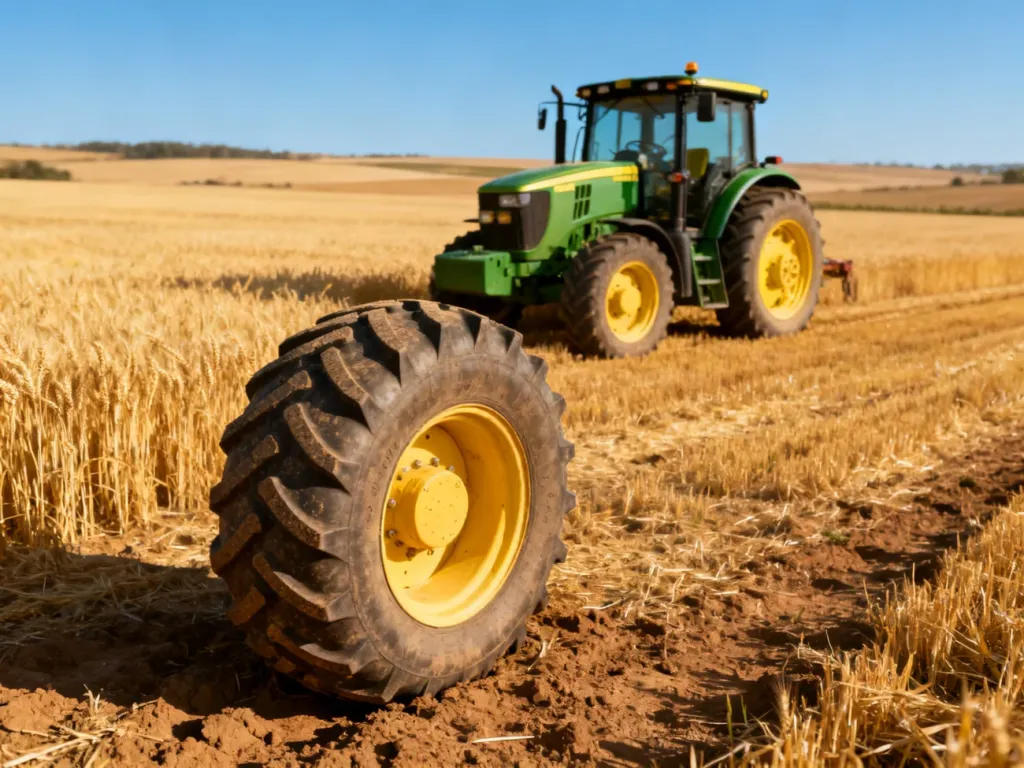 Zielony ciągnik John Deere 6195M zaparkowany na polu dojrzałej pszenicy w promieniach zachodzącego słońca.
