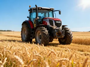 Nowoczesny ciągnik John Deere w kolorze zielonym na tle złotego pola pszenicy i błękitnego nieba.