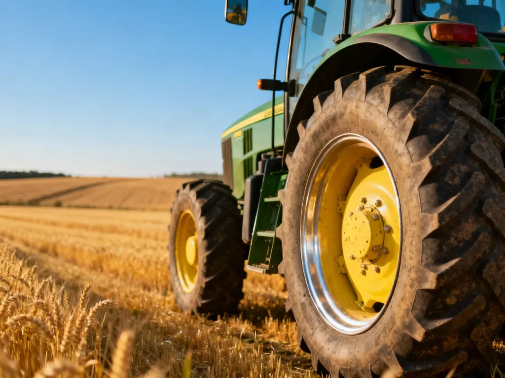 Nowoczesny ciągnik John Deere 6120M zaparkowany na złotym polu pszenicy w słoneczny dzień.