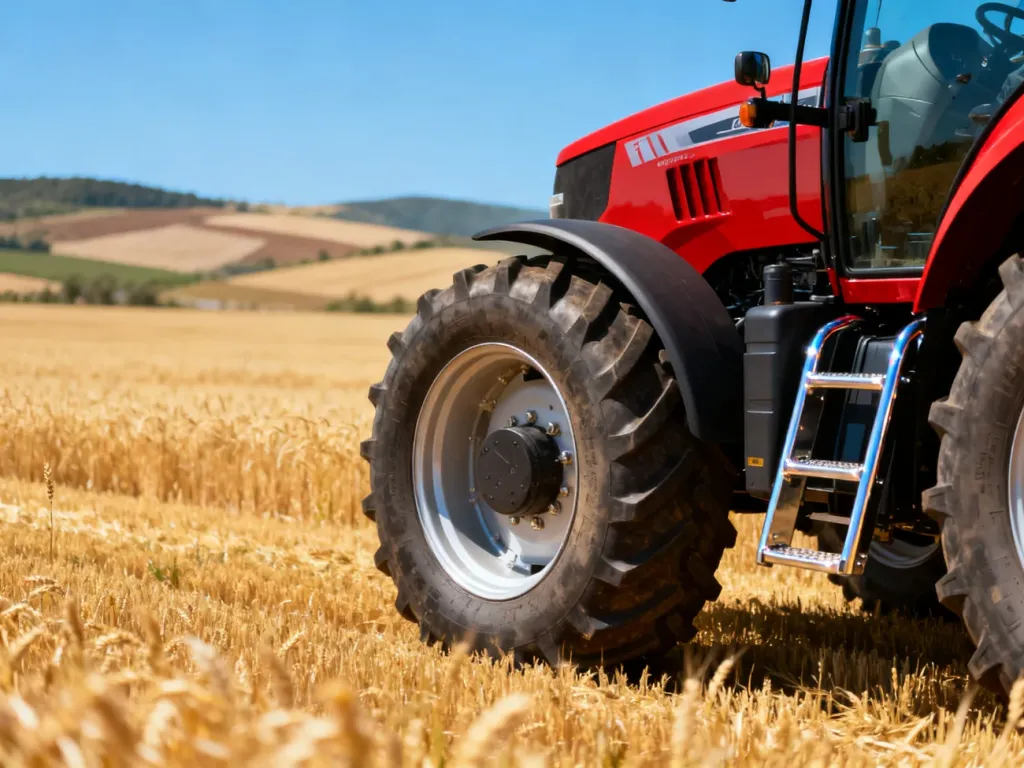 Czerwony ciągnik Zetor Proxima HS 120 zaparkowany na polu dojrzałej pszenicy w słoneczny dzień.