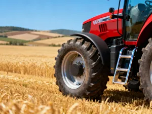 Kolorowy traktor zabawka Dumel stojący na zielonym trawniku w słonecznym ogrodzie.