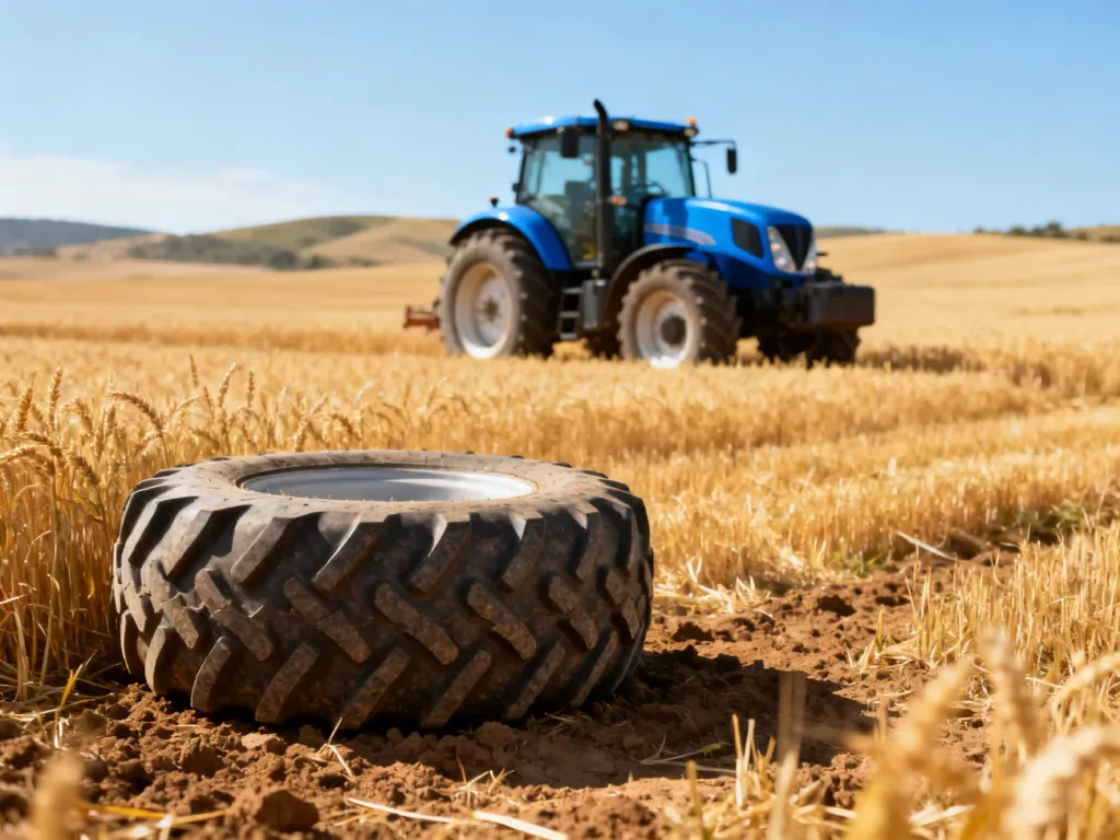 Niebieski ciągnik New Holland T7.165 zaparkowany na polu dojrzałej pszenicy w słoneczny dzień.