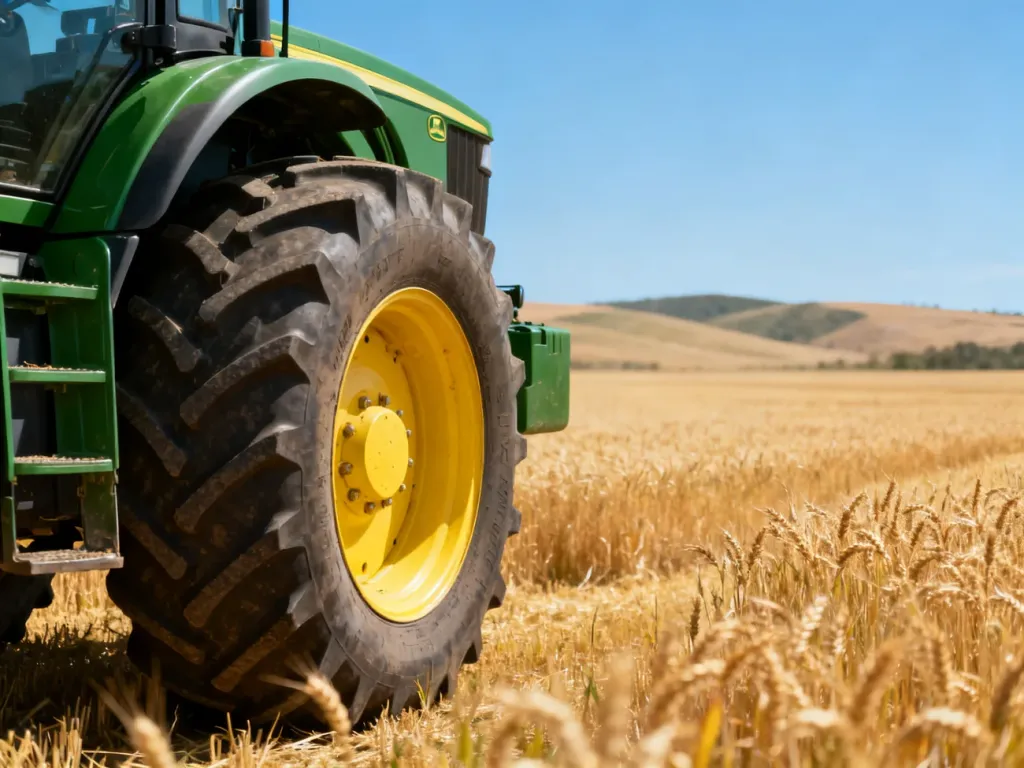 Nowoczesny ciągnik John Deere w kolorze zielonym na tle złotego pola pszenicy i błękitnego nieba.