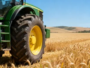 Profesjonalny traktor ogrodowy zaparkowany na idealnie przystrzyżonym trawniku w słonecznym ogrodzie.