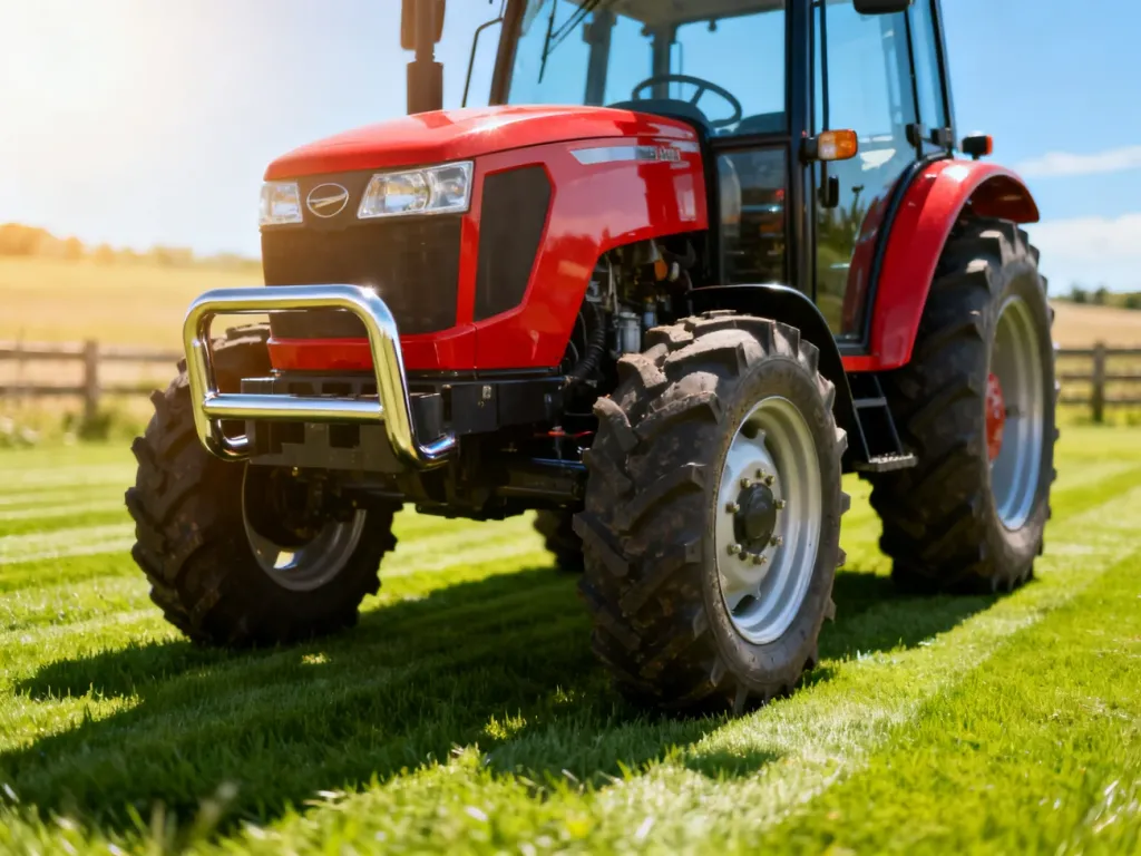 Czerwony ciągnik kompaktowy Farmtrac 26 4WD zaparkowany na zielonej murawie w słoneczny dzień.