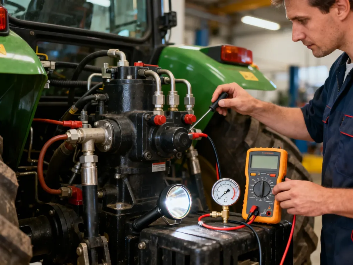 Mechanik sprawdzający układ sterowania WOM w ciągniku za pomocą podstawowych narzędzi