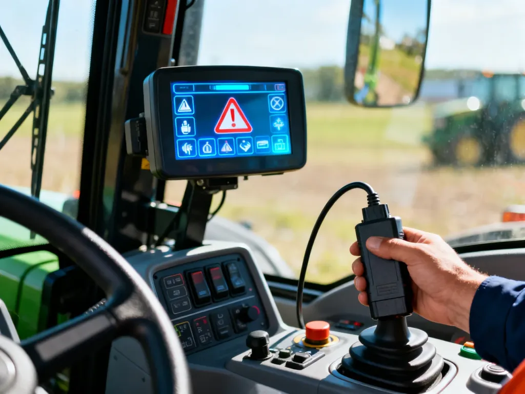 Mechanik podłącza skaner diagnostyczny do nowoczesnego panelu sterowania w kabinie ciągnika John Deere.