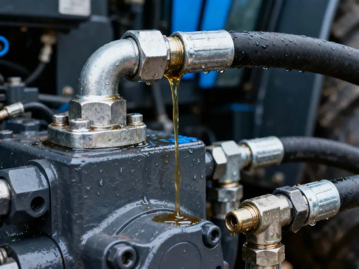 Świeży ślad oleju spływający z połączenia hydraulicznego