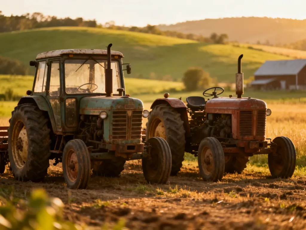 Ciągniki Ursus 912 i Zetor 7211 zaparkowane obok siebie na polu w świetle zachodzącego słońca.