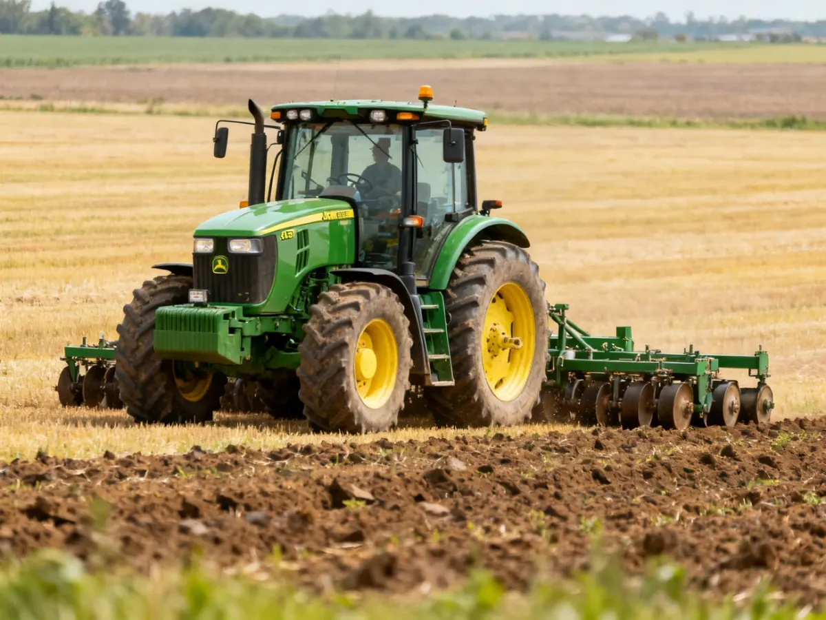 John Deere 6155M pracujący z ciężkim agregatem na polu