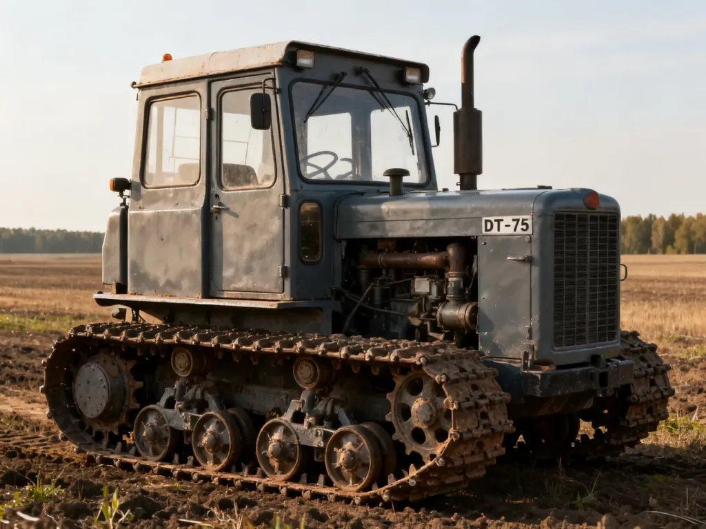Klasyczny ciągnik gąsienicowy DT-75 na polu uprawnym, prezentujący solidną konstrukcję i historyczny wygląd maszyny.