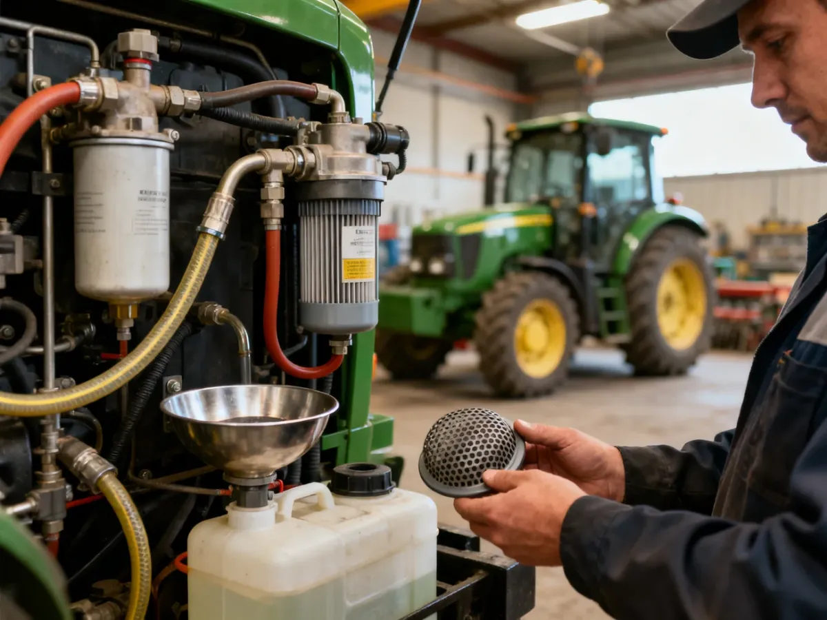 Mechanik sprawdzający filtr paliwa, odstojnik i przewody w ciągniku