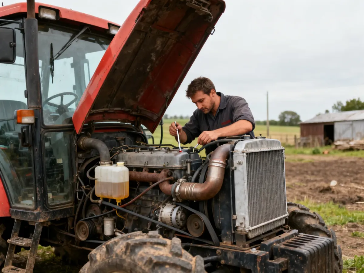 Mechanik sprawdza silnik używanego ciągnika podczas oględzin