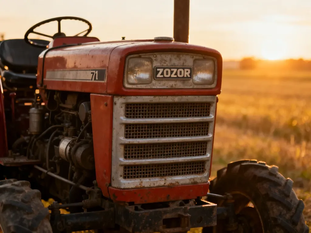 Zbliżenie na silnik i przednią maskę ciągnika Zetor 7211 na tle wiejskiego pola o zachodzie słońca.