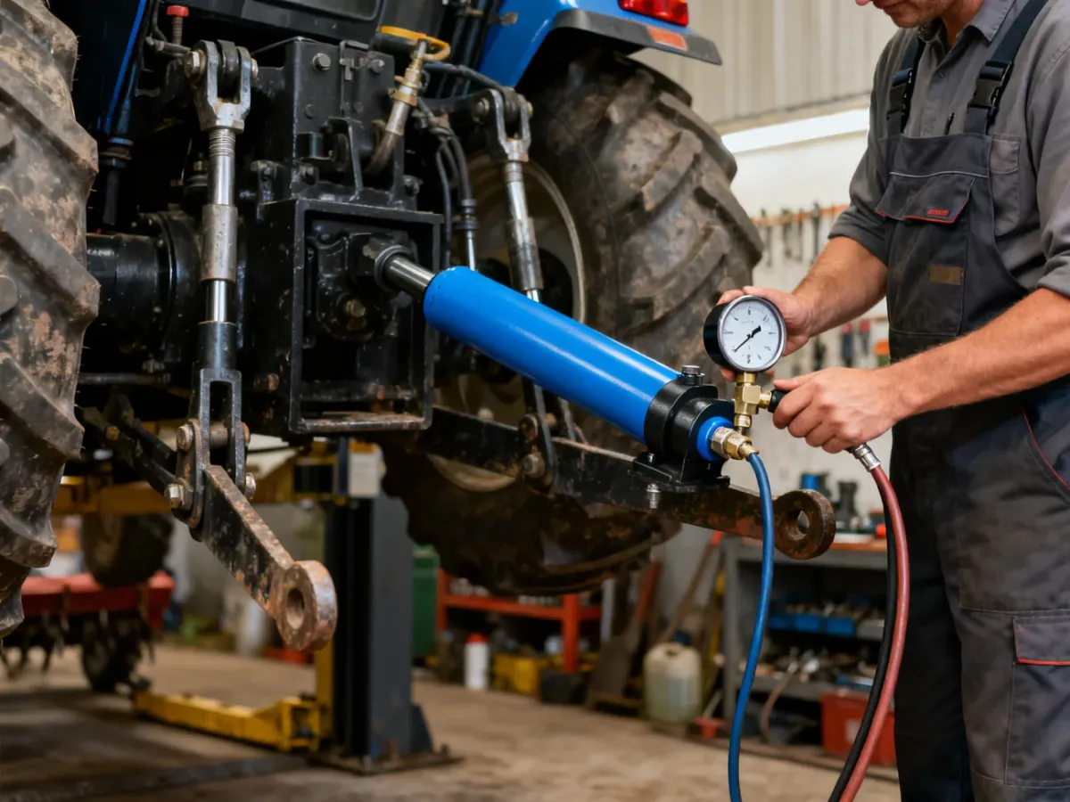 Mechanik sprawdza hydraulikę podnośnika ciągnika z zawieszoną maszyną