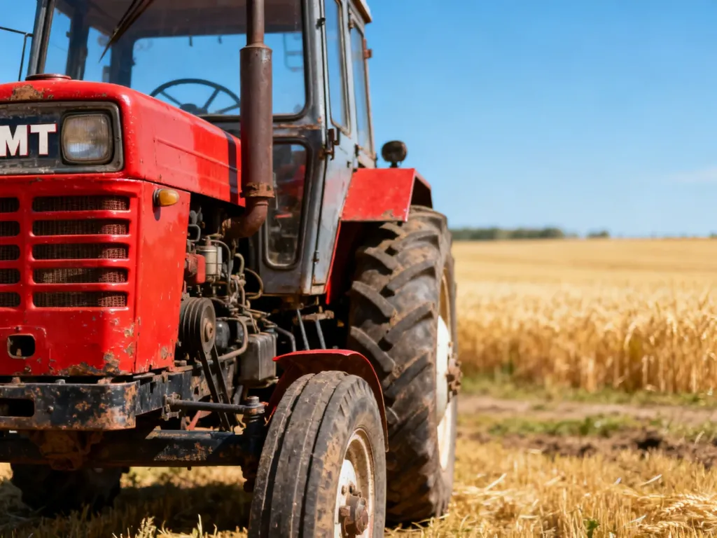 Czerwony ciągnik MTZ 82 zaparkowany na polu pszenicy w słoneczny dzień. Klasyczny model w otoczeniu wiejskiego krajobrazu.
