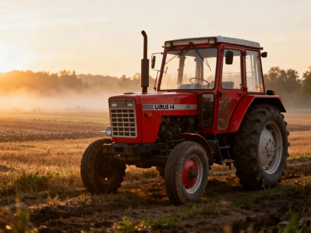Czerwony ciągnik rolniczy Ursus 1414 stojący na polu w świetle poranka. Prezentacja wyglądu i detali maszyny.