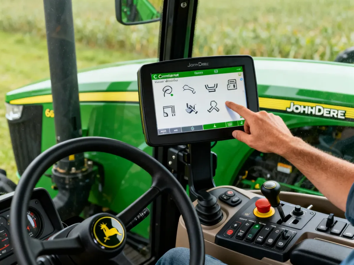 Wyświetlacz CommandCenter w kabinie ciągnika John Deere 6M podczas otwierania menu diagnostycznego