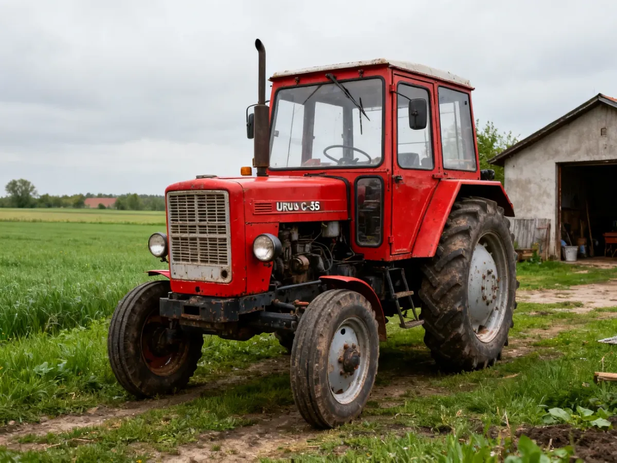 Czerwony ciągnik Ursus C-385 stojący na wiejskim podwórzu