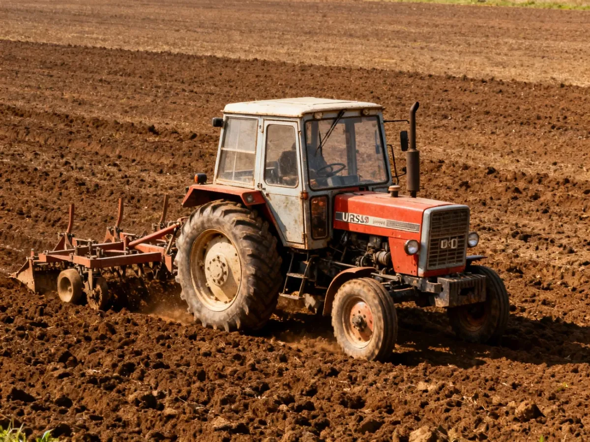 Ursus 912 ciągnący ciężką maszynę po zaoranym polu