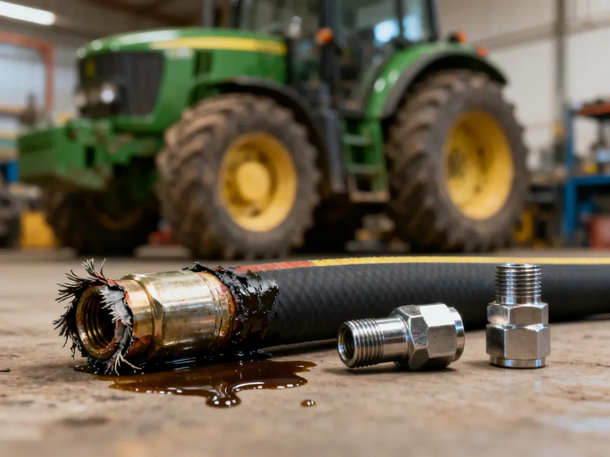 Uszkodzony przewód hydrauliczny wymagający wymiany