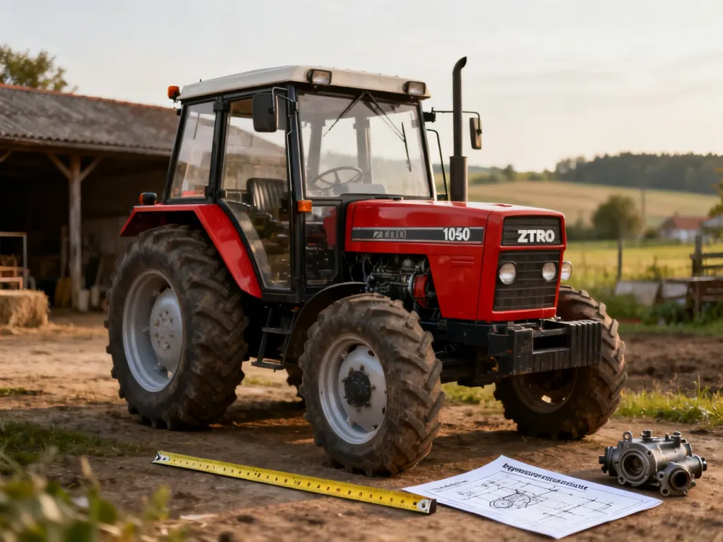 Ciągnik rolniczy Zetor 10540 zaparkowany na wiejskim podwórzu, prezentujący proporcje i budowę maszyny.