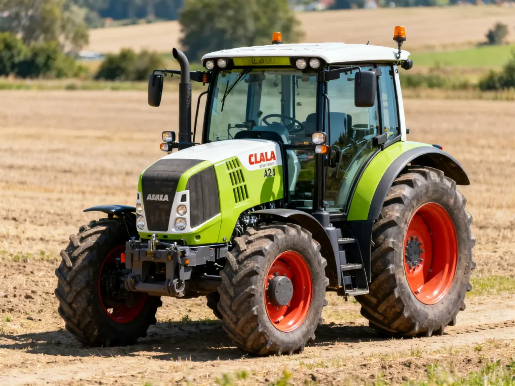 Nowoczesny ciągnik Claas Arion 420 zaparkowany na polu, prezentujący kompaktową budowę i detale konstrukcyjne maszyny.