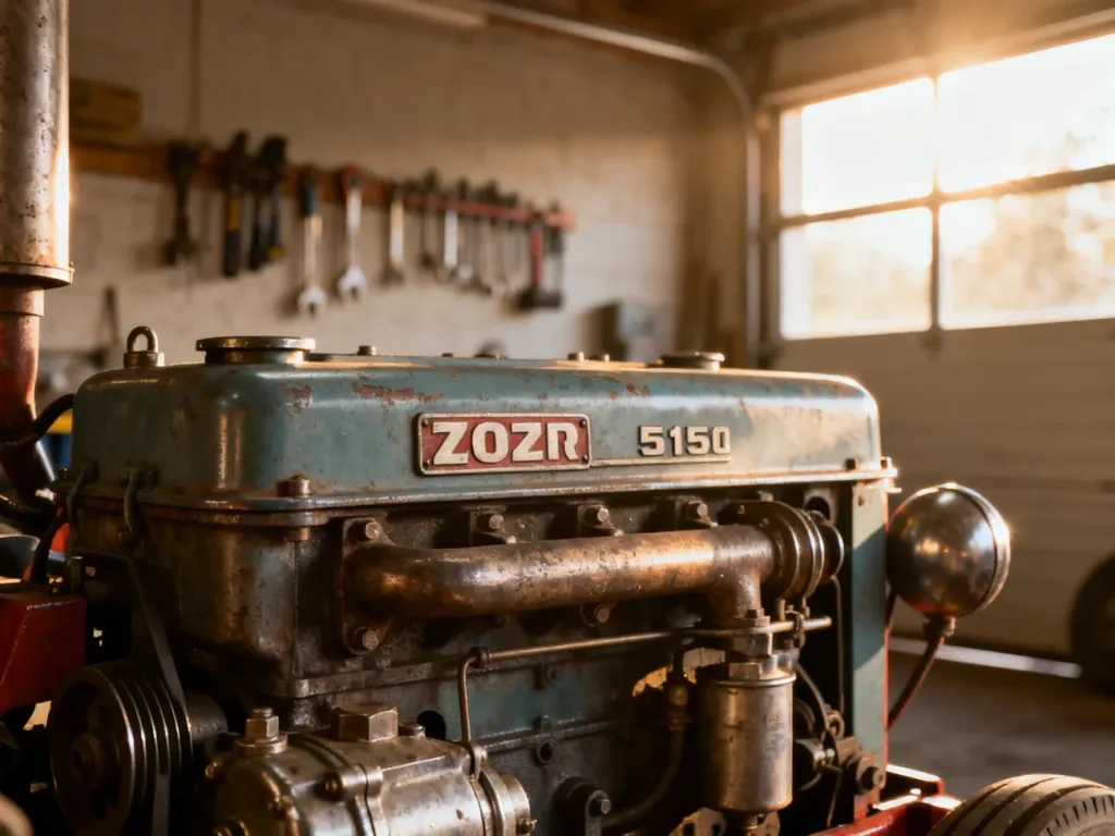 Zbliżenie na silnik i metalowe podzespoły ciągnika Zetor 5211 w warsztacie, ukazujące detale techniczne konstrukcji.