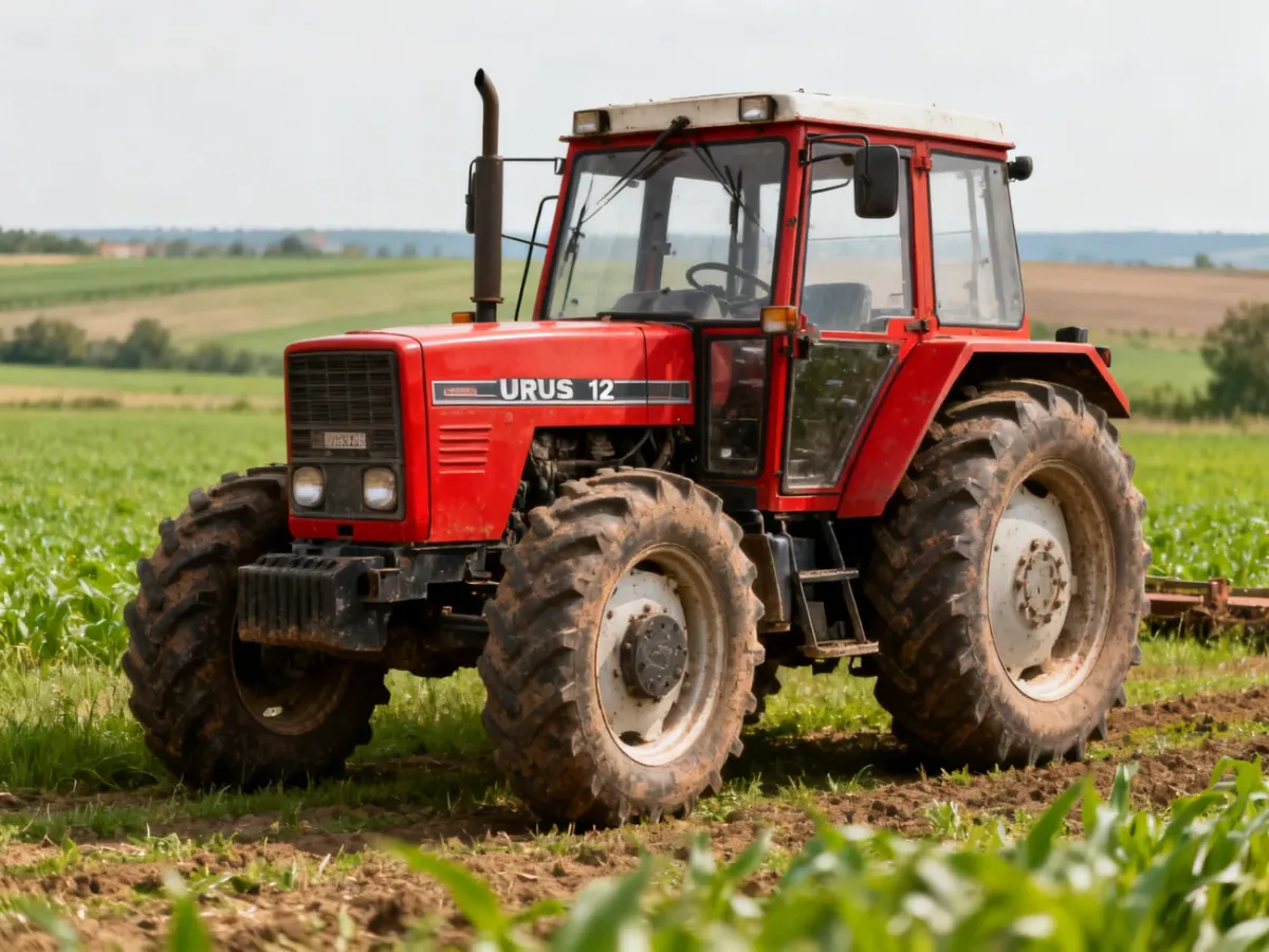Czerwony ciągnik Ursus 1224 stojący na polu uprawnym