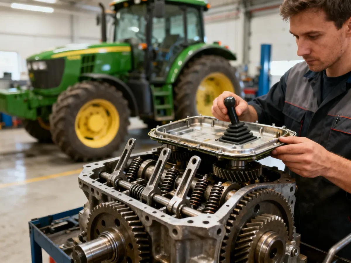 Mechanik sprawdzający wodziki i widełki w otwartej skrzyni biegów ciągnika