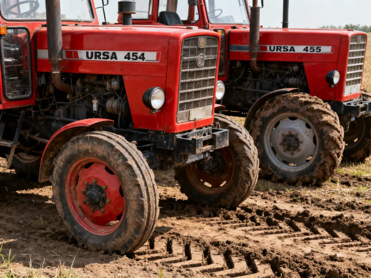 Czerwone ciągniki Ursus 4514 i 4512 stojące obok siebie na polu