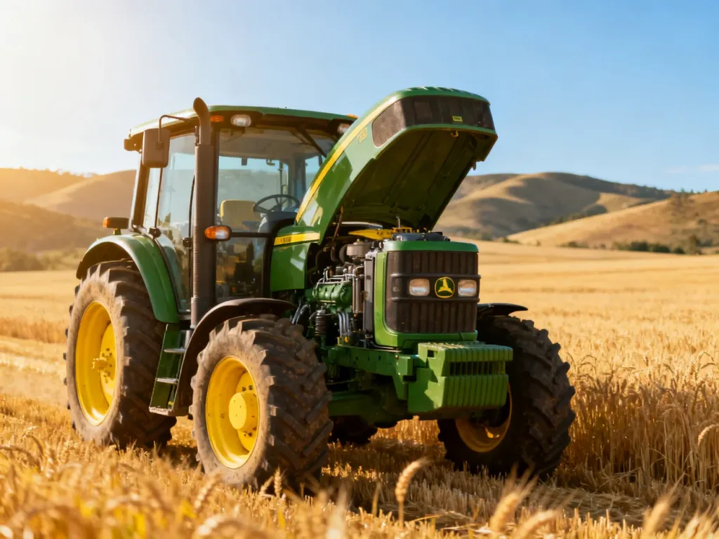 Nowoczesny ciągnik John Deere w kolorze zielonym zaparkowany na polu dojrzałej pszenicy w promieniach zachodzącego słońca.