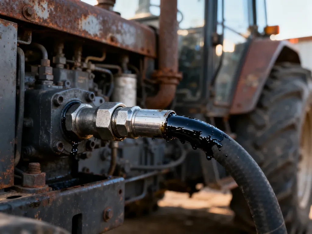 Widoczne na metalowym przewodzie hydraulicznym ciągnika ciemne plamy oleju wskazujące na miejsce wycieku.