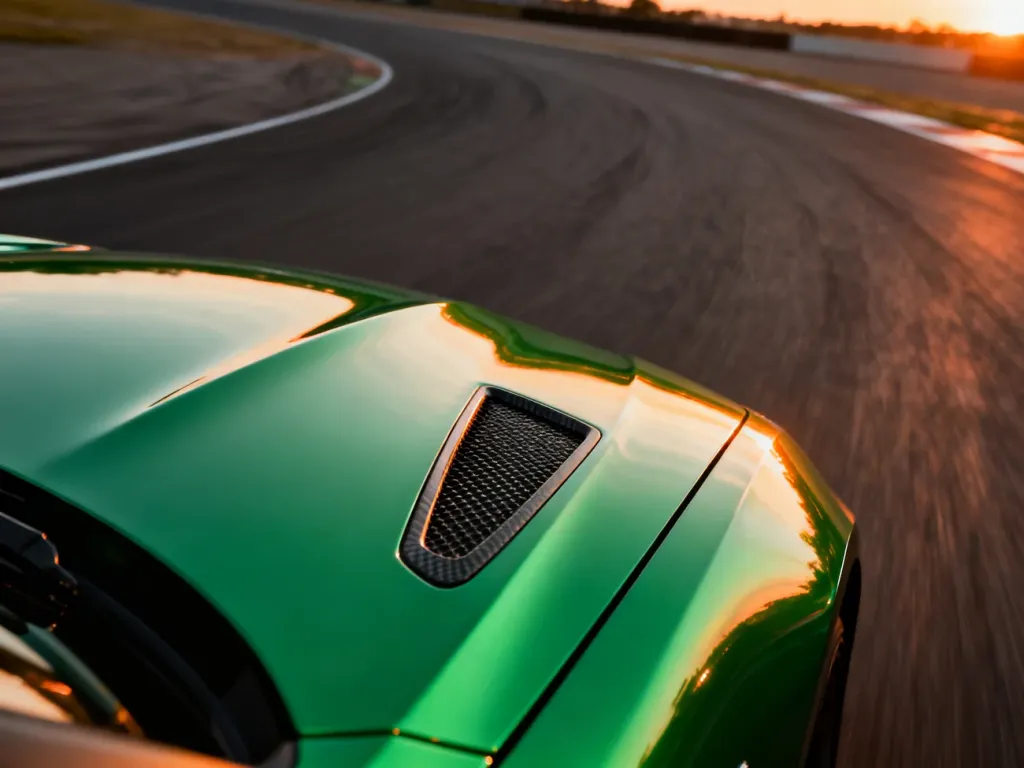 Zbliżenie na aerodynamiczną maskę Lamborghini w kolorze wyścigowej zieleni z widocznymi detalami z włókna węglowego.