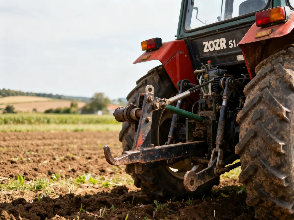 Zetor 5211 z widocznym tylnym podnośnikiem podczas pracy w gospodarstwie