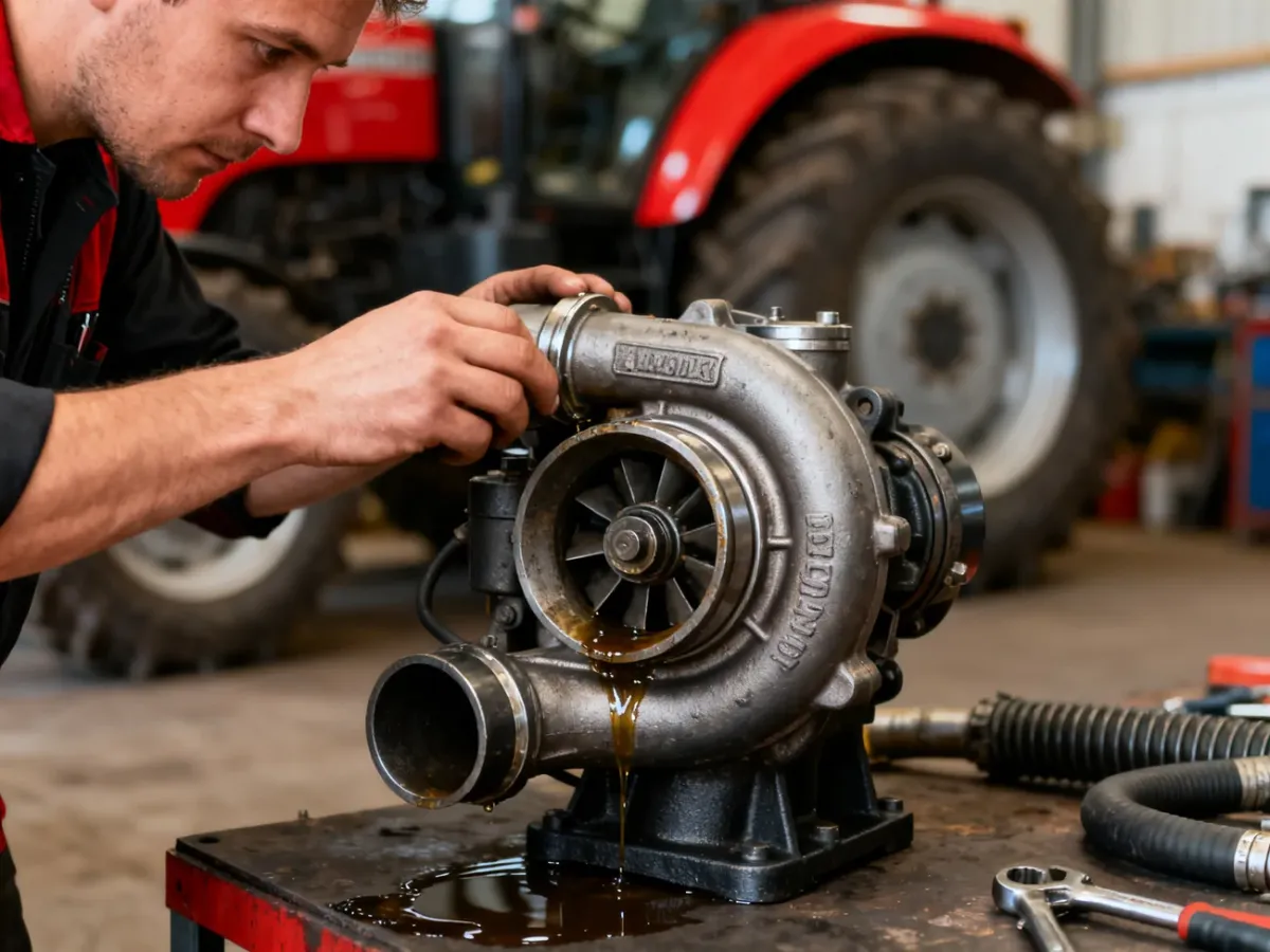 Mechanik sprawdzający turbosprężarkę ciągnika pod kątem wycieków i uszkodzeń