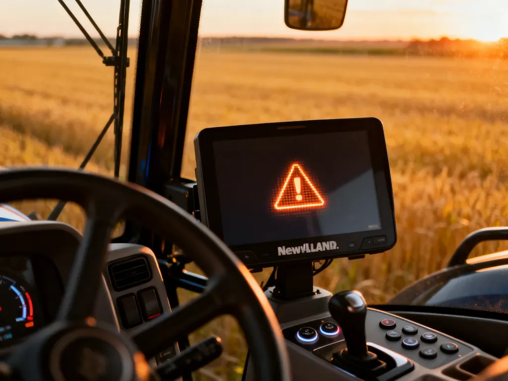 Cyfrowy wyświetlacz w kabinie ciągnika New Holland T7 z widoczną ikoną ostrzegawczą na tle zachodzącego słońca.