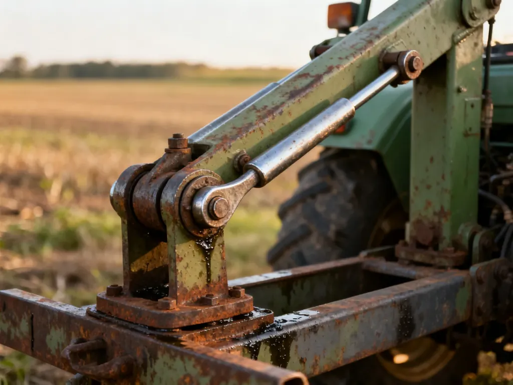 Zardzewiały mechanizm podnośnika hydraulicznego w starym ciągniku z widocznymi detalami metalowych dźwigni i przegubów.