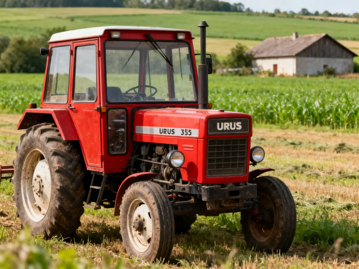 Czerwony ciągnik Ursus 3512 na tle pola i gospodarstwa
