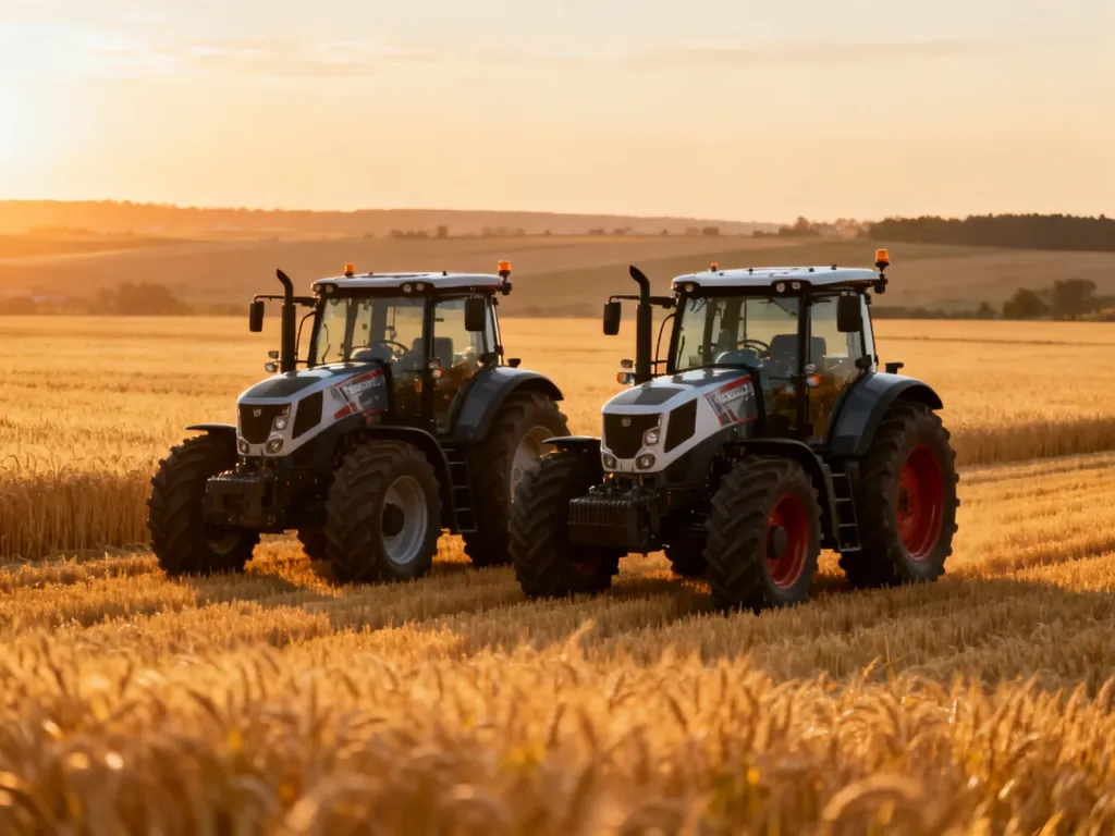 Nowoczesne ciągniki John Deere i New Holland zaparkowane obok siebie na polu pszenicy podczas zachodu słońca.