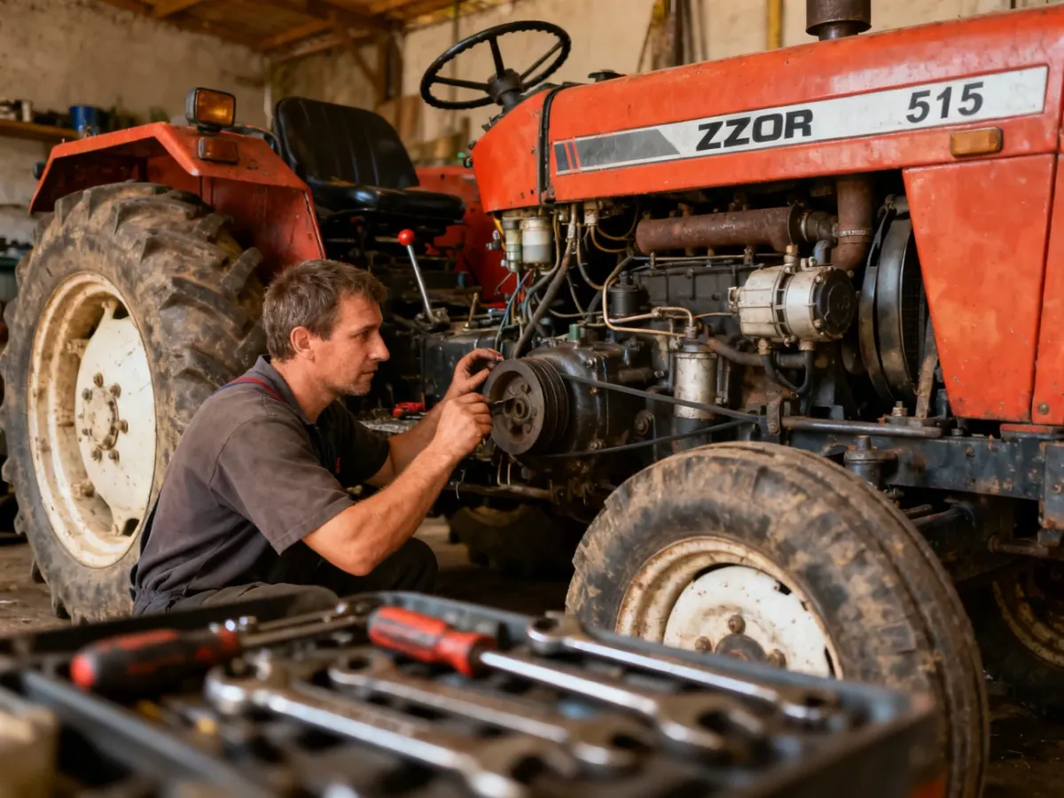 Mechanik naprawiający starszy ciągnik Zetor 5211 w warsztacie