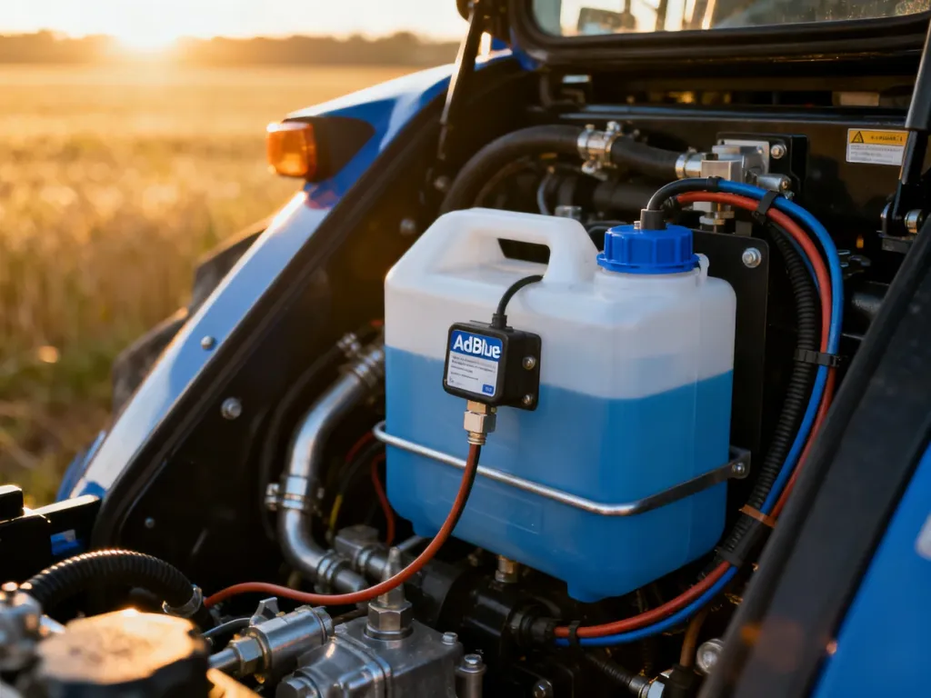 Zbliżenie na czujnik poziomu AdBlue oraz instalację elektryczną w silniku ciągnika rolniczego.
