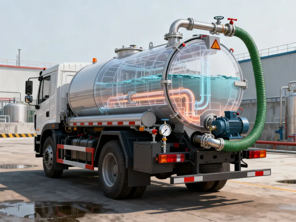 Szczegółowa ilustracja techniczna wozu asenizacyjnego z widocznym przekrojem zbiornika, pompą próżniową i układem zaworów.