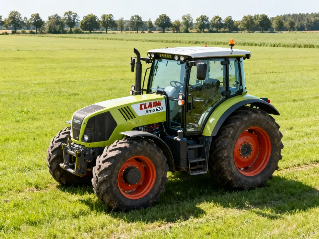 Ciągnik rolniczy Claas Arion 630 zaparkowany na zielonym polu, prezentujący swoją konstrukcję i gabaryty.