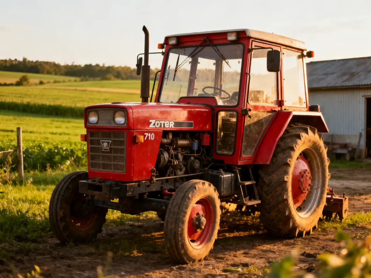 Czerwony ciągnik Zetor 7211 na tle gospodarstwa rolnego