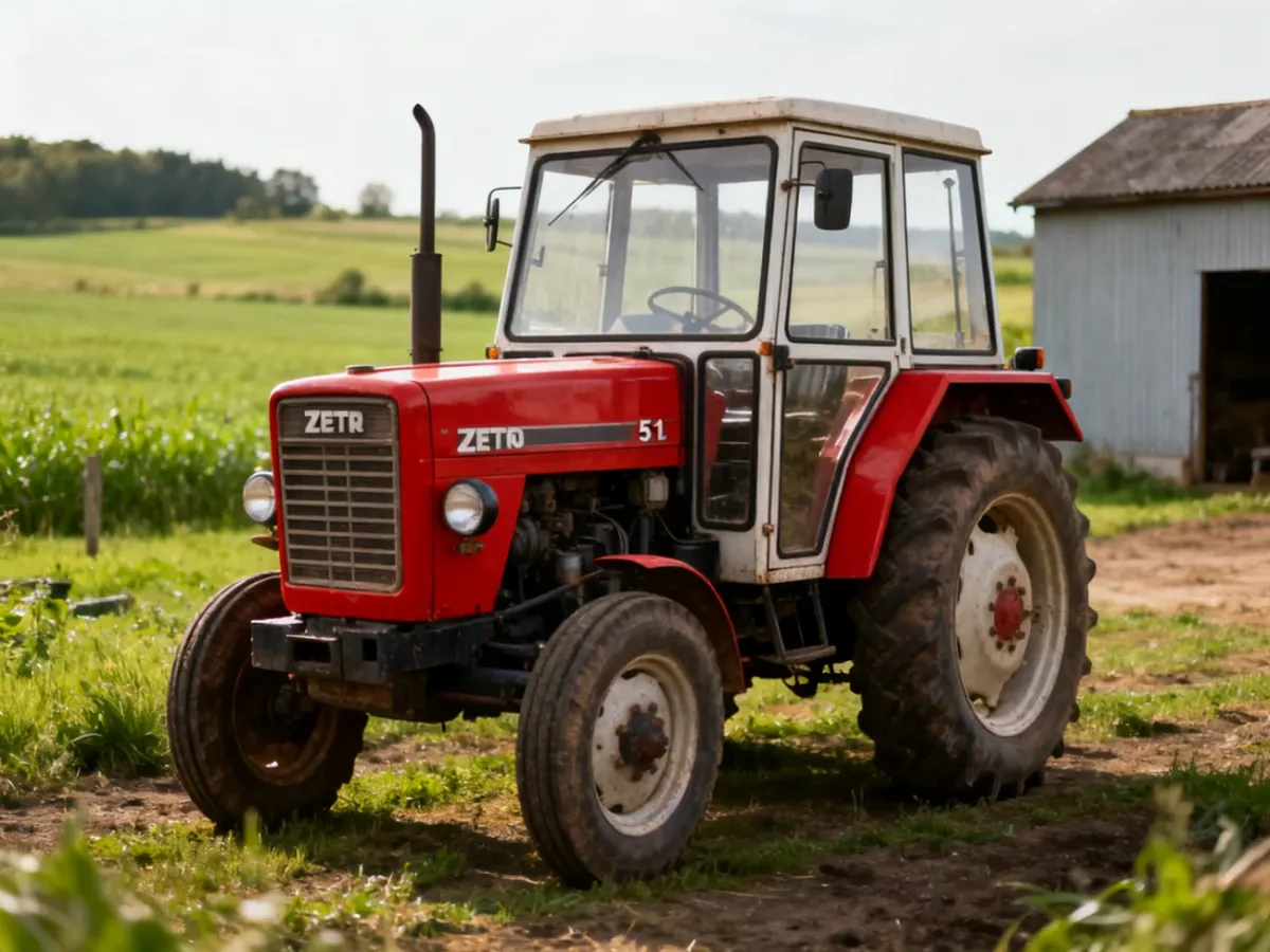 Czerwony ciągnik Zetor 5211 stojący na terenie gospodarstwa