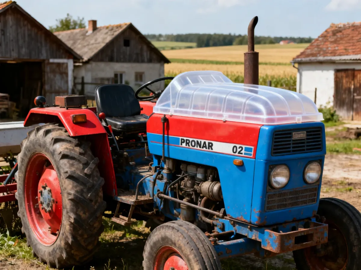 Ciągnik Pronar 82A na tle gospodarstwa rolnego