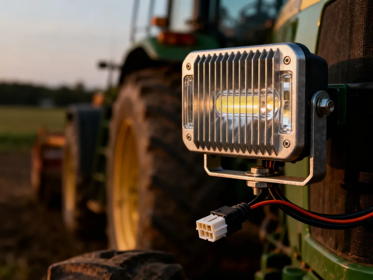 Wytrzymała lampa LED z aluminiową obudową i szczelnym złączem zamontowana na ciągniku