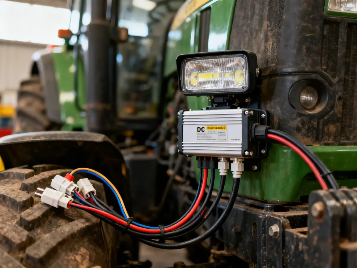 Stabilizator DC-DC zamontowany w instalacji oświetlenia ciągnika