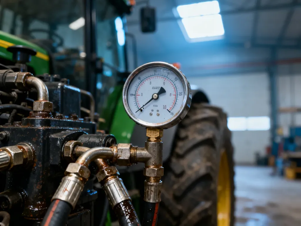 Manometr podłączony do przewodów hydraulicznych ciągnika, służący do profesjonalnej kontroli ciśnienia układu.
